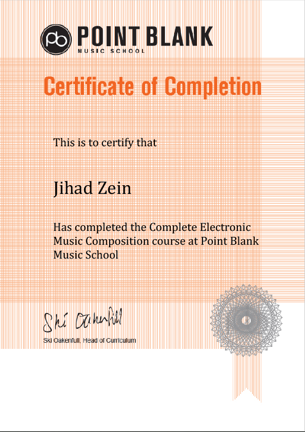 CertificateofCompletionJihadZeinCompleteElectronicMusicPerformance